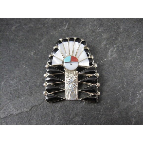 Southwestern Inlay Sunface Headdress Pendant Brooch - Picture 1 of 10
